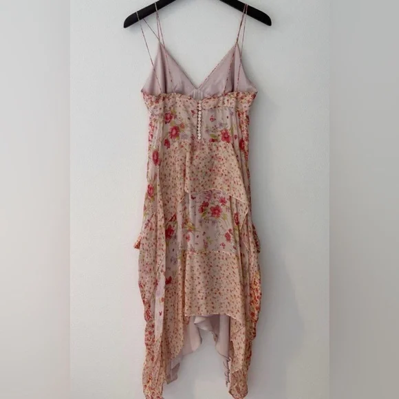 Zara 100% Silk Floral V Neck Asymmetrical High Low Knee Length Dress (Medium) - Picture 4 of 8